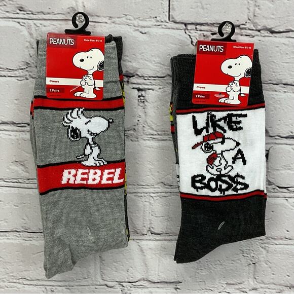 Peanuts Snoopy Woodstock Crew Socks 4 Pair Mens Shoe Size 6.5 -12 Gray/White/Red - Picture 1 of 8